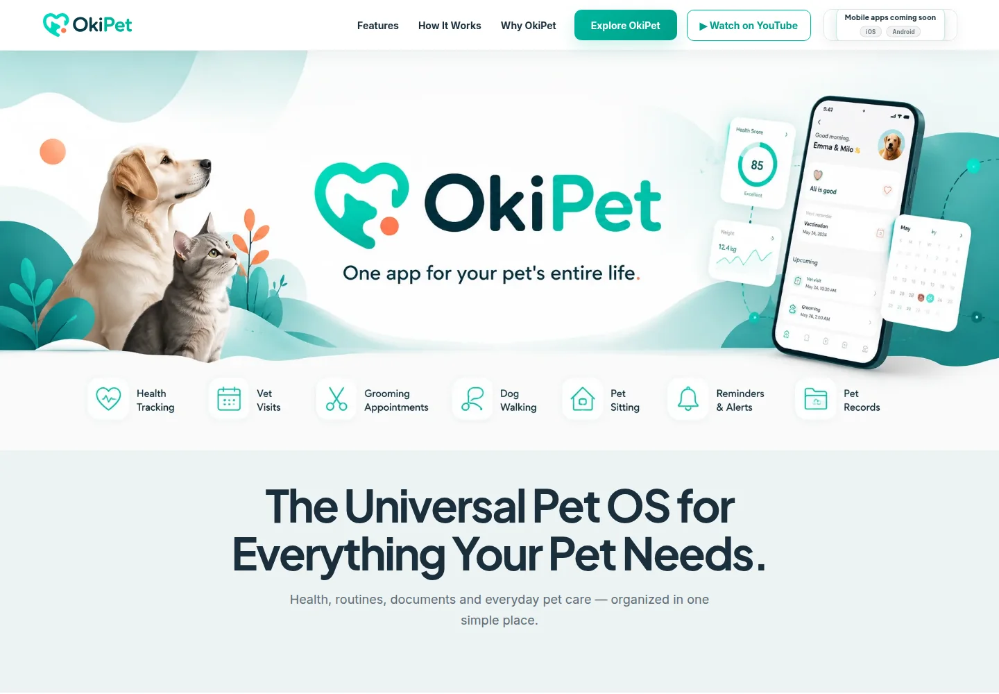 OkiPet landing page for a pet technology product
